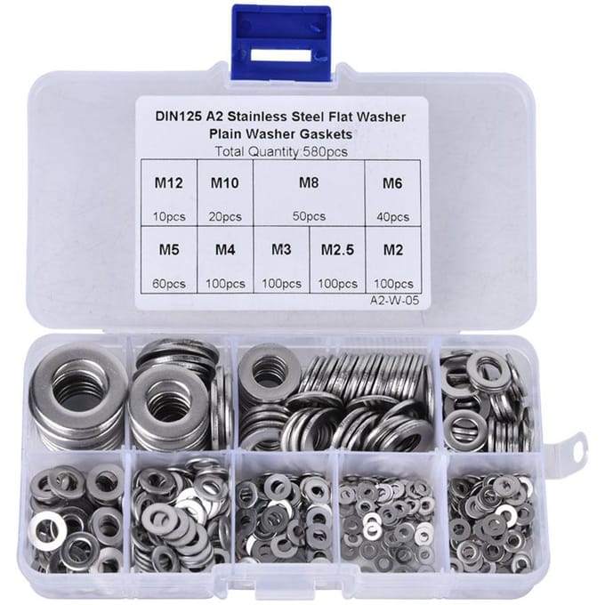 Assortimentset met 580 platte ringen van roestvrij staal M2 M2.5 M3 M4 M5 M6 M8 M10 M12
