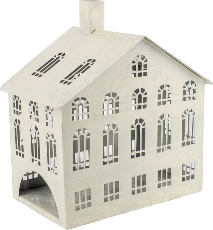 Metalen windlicht huis white crackle