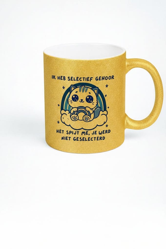 Gouden Mok met Kat Design - IK HEB SELECTIEF GEHOOR - Uniek Cadeau Idee