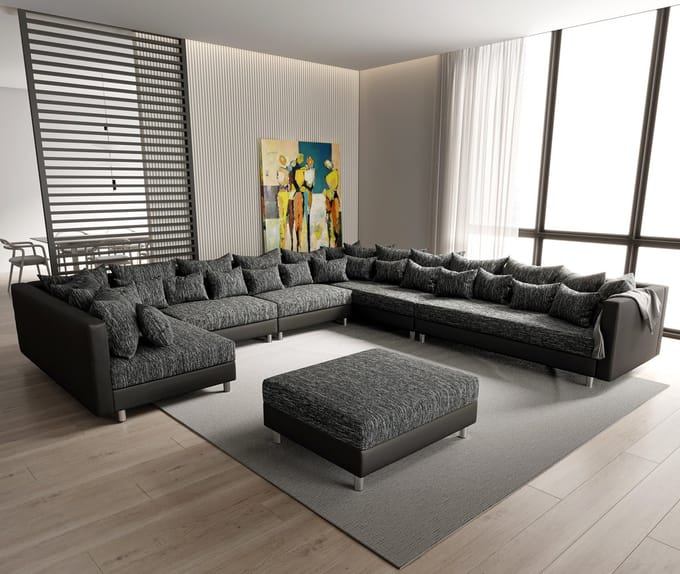 Bank Clovis XXL zwart met hocker ottomaans rechts woonlandschap module bank