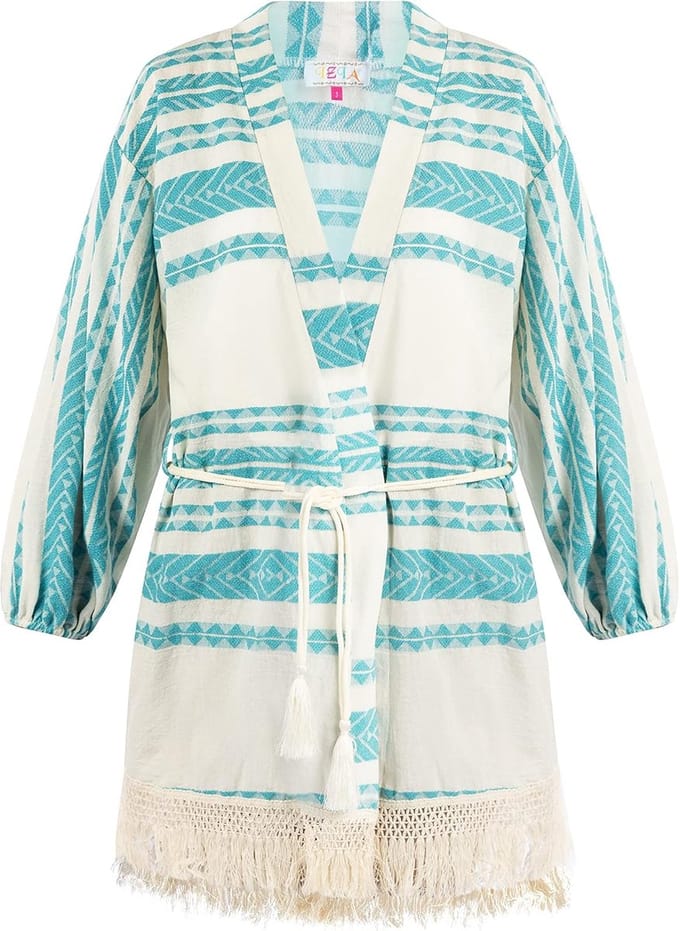 Dames Kimono - Lange Kaftan - Strand Kleding - Decoratief Borduurwerk - Zijsplitten - Wit