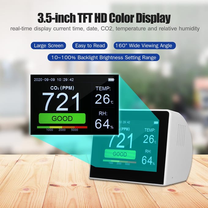Desktop CO2/RV/Temp. 3-in-1 Multifunctionele Luchtkwaliteitsdetector Temperatuur Vochtigheid Monitor Black & White white