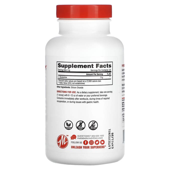 Metabolic Nutrition, L-Glutamine, Non aromatisée, 3,52 oz (100g)