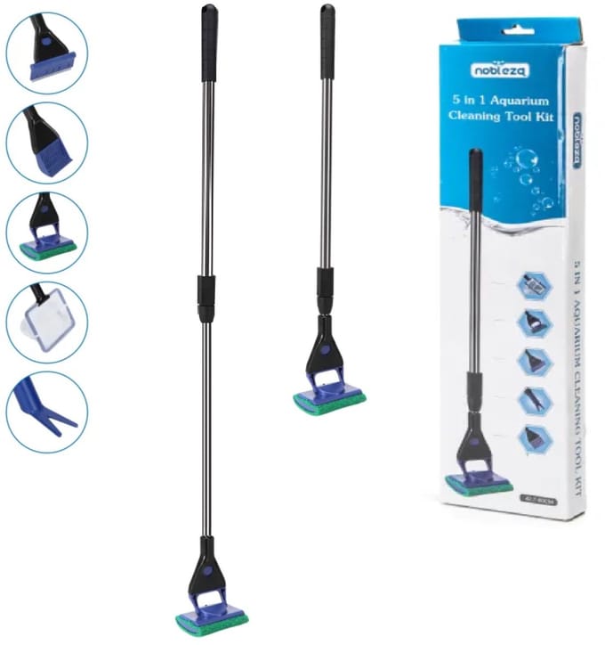 Nobleza Aquarium Schoonmaakset 5-in-1 - Uitschuifbaar tot 85 cm - Algenschraper, Spons, Visnet, Plantentang en Hark