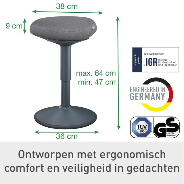 Leitz Ergo Active Zitkruk met Comfortzitting - Bureaukruk - Ergonomische Kruk - Donkergrijs