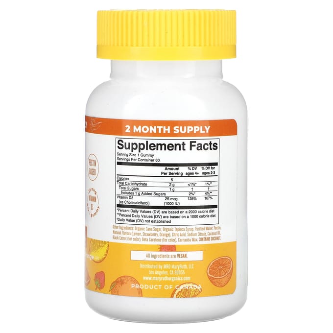 MaryRuth's, Vitamine D3 gummies, citroen, aardbei en sinaasappel, 25 mcg, 60 gummies