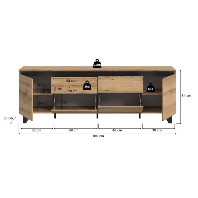 Tomasa Lowboard Evoke Oak NB Zwart - 36x188x65cm