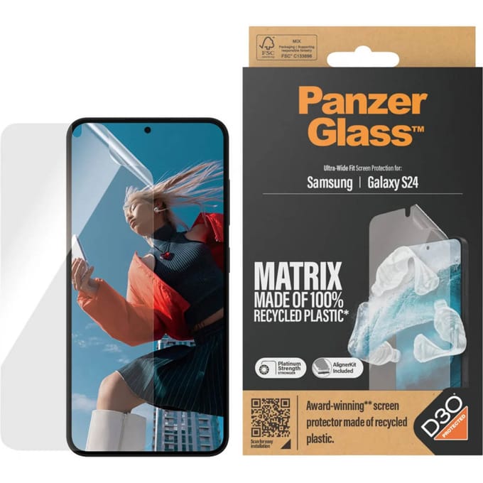 PanzerGlass Matrix Recycled Ultra-Wide Fit Anti-Bacterial Screenprotector incl. applicator voor de Samsung Galaxy S24