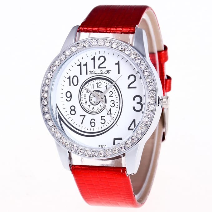 Hidzo Horloge Spiraal Ø 41 - Met Diamantjes - Rood - In Horlogedoosje