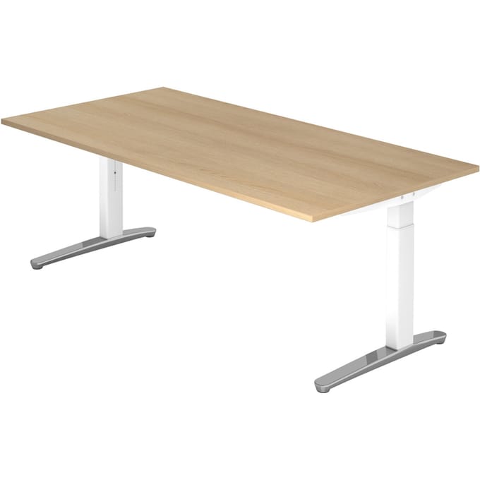 Bureautafel TOPAS LINE, handmatig in hoogte verstelbaar, B 2000 mm, eik/wit/aluminium gepolijst