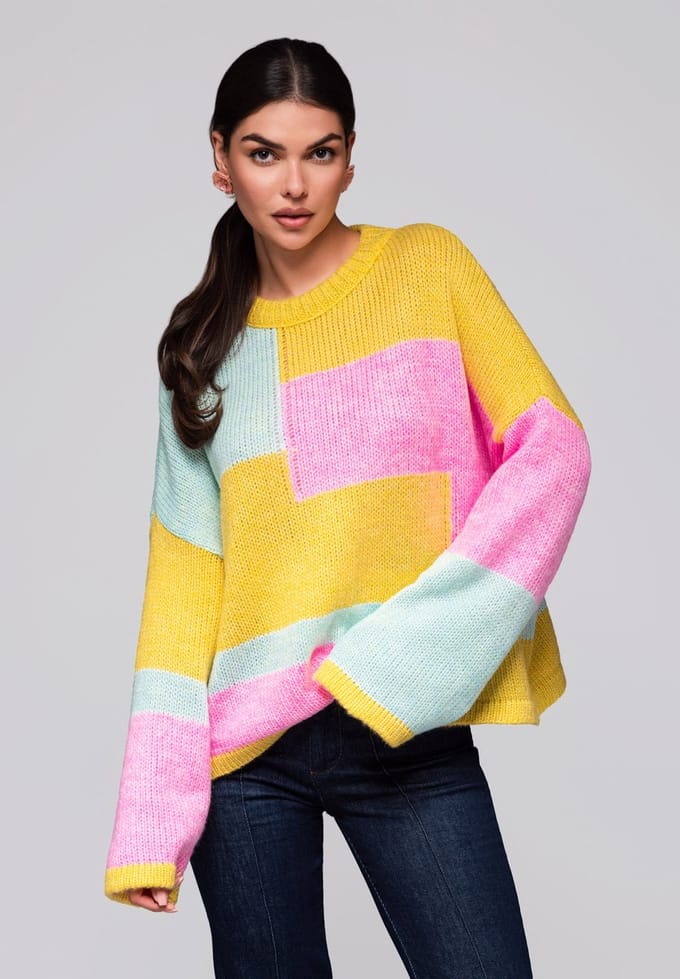 OMBRE Trui - Loose Fit - Geen Sluiting - Colorblock Geel / Mint ONESIZE