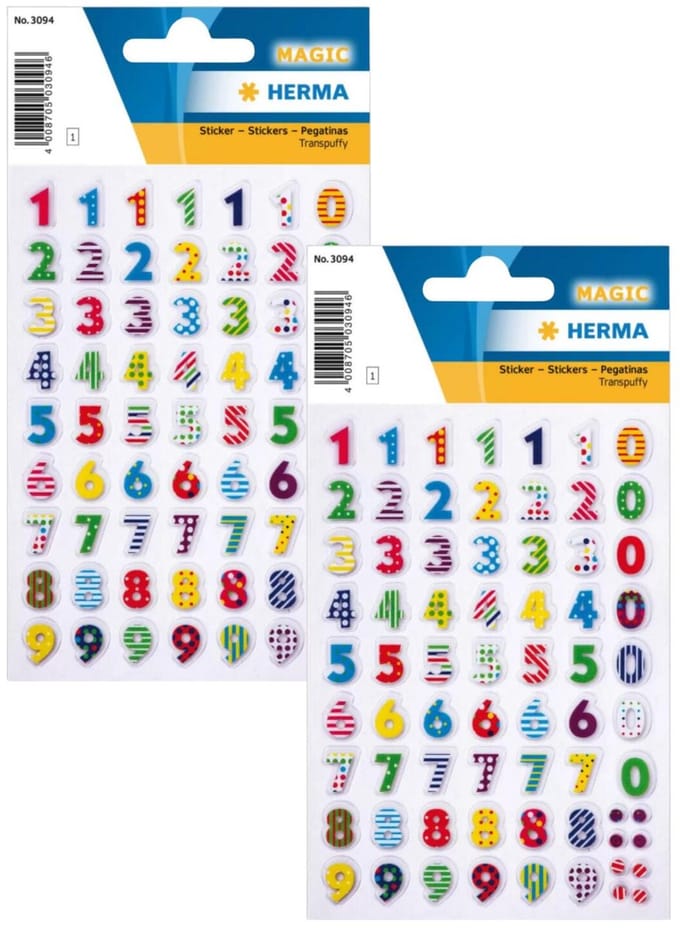 Herma Stickervel nummers 3D - cijfers / getallen - 0 t/m 9 - 2x vellen - gekleurd - 8 mm