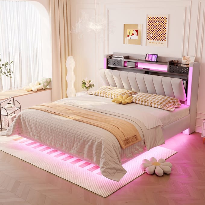 REDOM Gestoffeerd Opbergbed – 180x200 cm – Hydraulische lift – USB & Type-C – Driezijdige LED – PU – Zwart