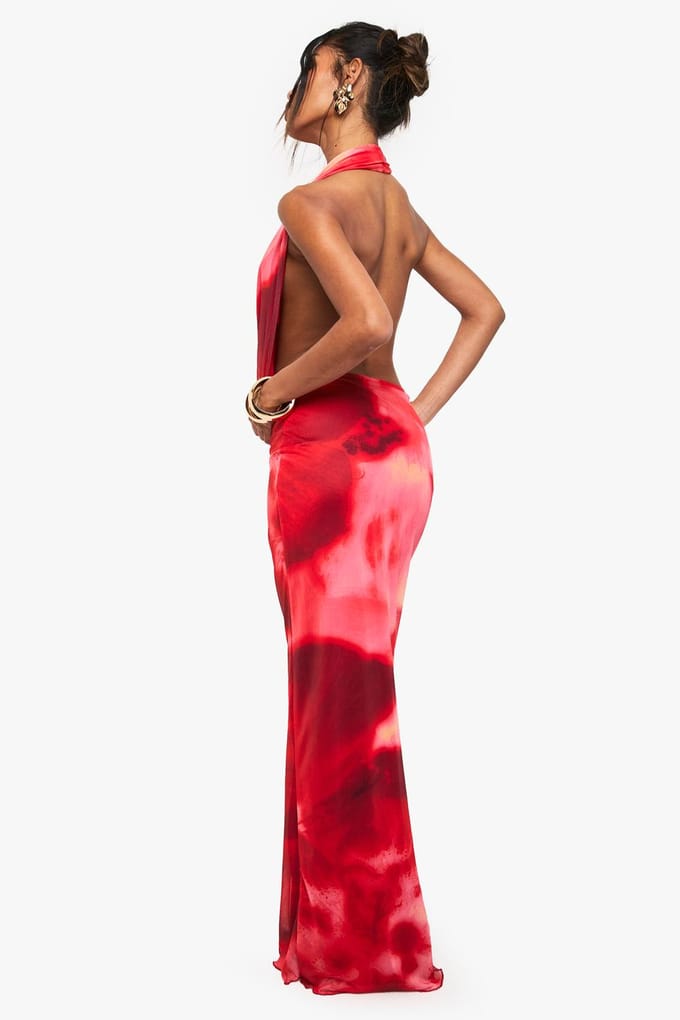 boohoo Dames Florale halterneck mesh maxi-jurk | Red | Maat: 16