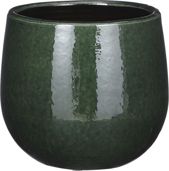 Mica Decorations Plantenpot/bloempot - keramiek - donkergroen glans/spotted- D14/H12 cm