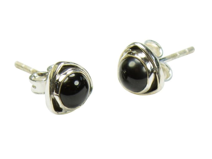 Zilveren knop oorbellen Onyx 925 zilver