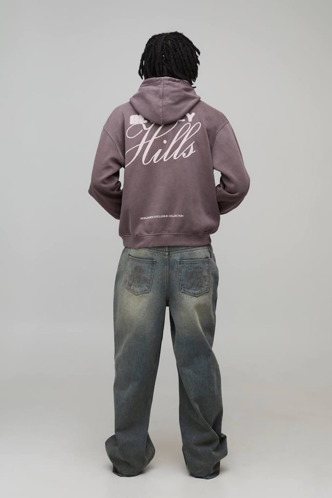 Gewassen Chocolade Oversized Beverly Hills Puff Print Hoodie | Washed Chocolate | Size Medium
