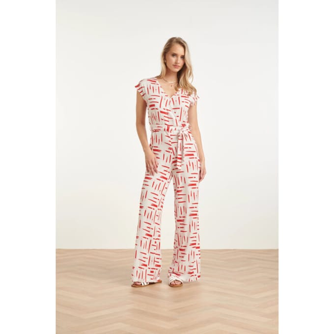 Smashed Lemon Jumpsuit met grafische streep print rood/wit |