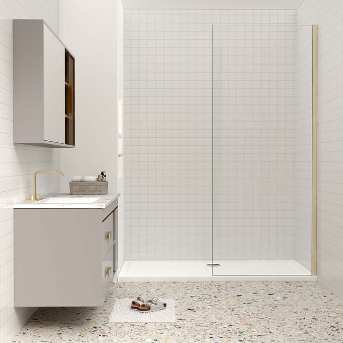 Aica Inloopdouche-douchewand-walk in 60x200 cm, 10mm NANO EasyClean veiligheidsglas,gouden profiel