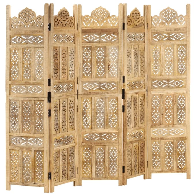 vidaXL - Kamerscherm - 5 - panelen - handgesneden - 200x165 - cm - massief - mangohout