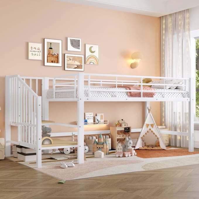 REDOM Hoogslaper 90x200 cm van MDF en metaal – Met opbergtrap – Wit