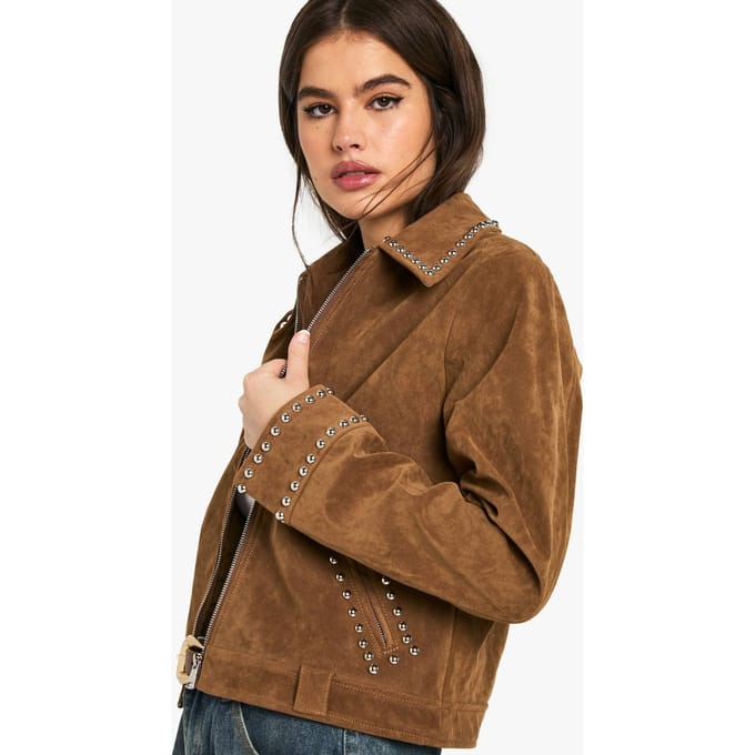 boohoo Dames Suede-look studded jas | Tan | Maat: 14