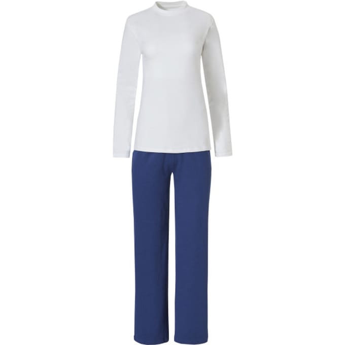 By Louise Dames Pyjama Set Interlock Lange Mouw + Broek Wit / Blauw - Maat XL