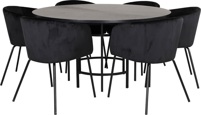 Copenhagen eethoek eetkamertafel bruin en 6 Berit eetkamerstal velours zwart.
