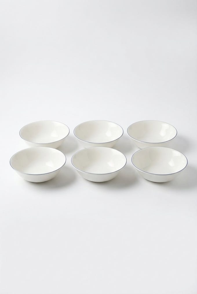 vtwonen - Kommen - Ontbijtkom - Wit/Blauw Lijn - Set van 6 - Porselein