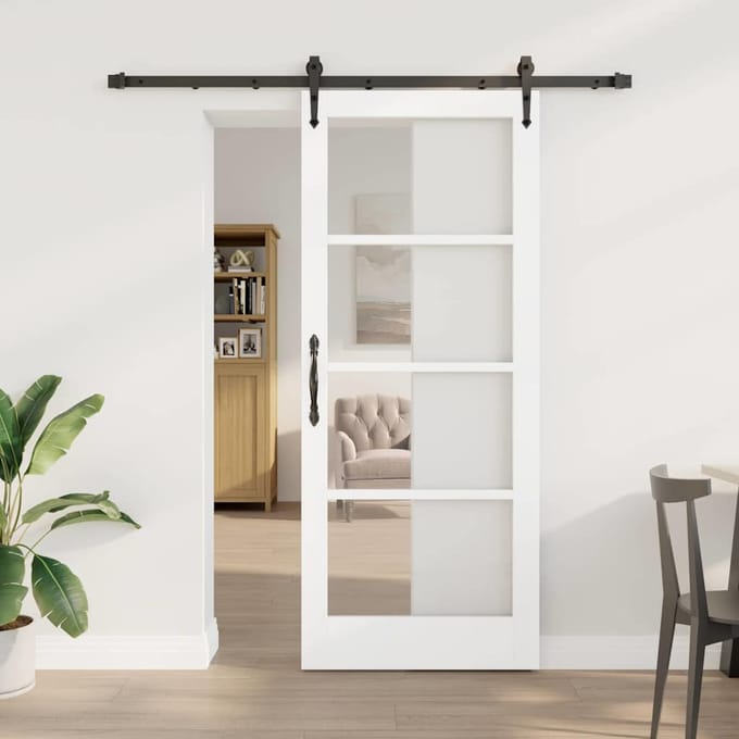vidaXL - Schuifdeur - 83 - x - 202 - cm - Massief - grenenhout - en - glas - Wit