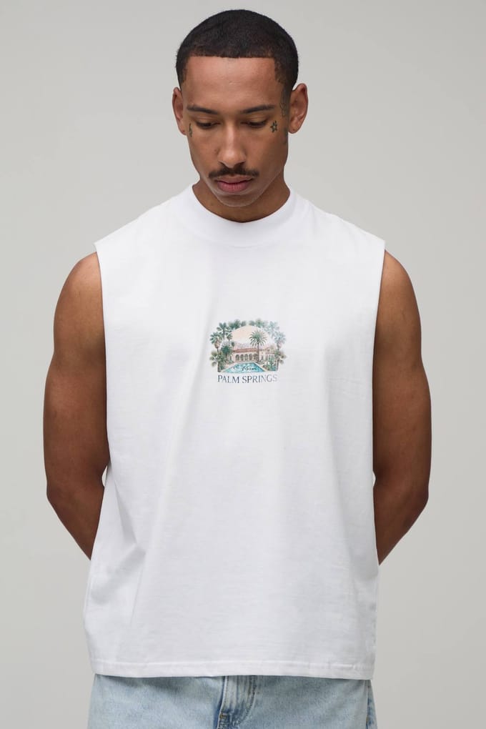 Wit Oversized Boxy Tanktop Met Palm Springs Print | White | Size Medium