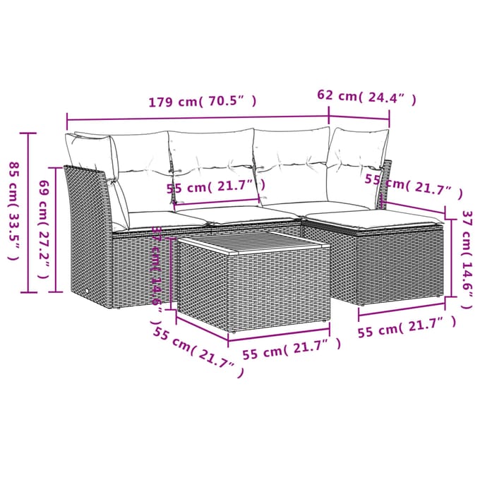 vidaXL - 5-delige - Loungeset - met - kussens - poly - rattan - beige