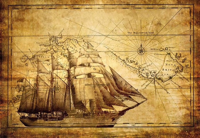 Fotobehang Vintage Ship Map | PANORAMIC - 250cm x 104cm | 130g/m2 Vlies
