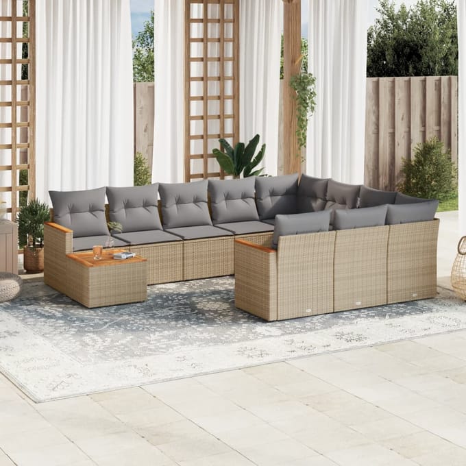 vidaXL - 11-delige - Loungeset - met - kussens - poly - rattan - gemengd - beige