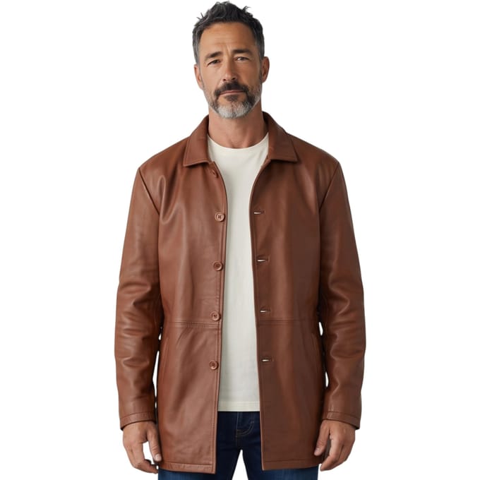 Heren beige leren jas met lange kraag - Bergen