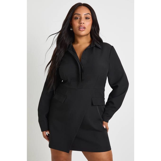 boohoo Dames Plus Geweven Wrap Shirtjurk | Zwart | Maat: 48