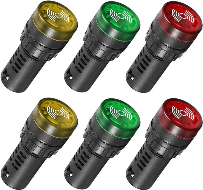 6 Stuks 22mm LED Flash Alarm Signaal Indicatorlamp met Buzzer voor AC DC 220V (Rood/Geel/Groen)