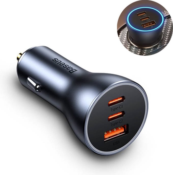 Baseus - 3 in 1 Pro Autolader 65W met USB C en USB A Aansluiting - Zwart