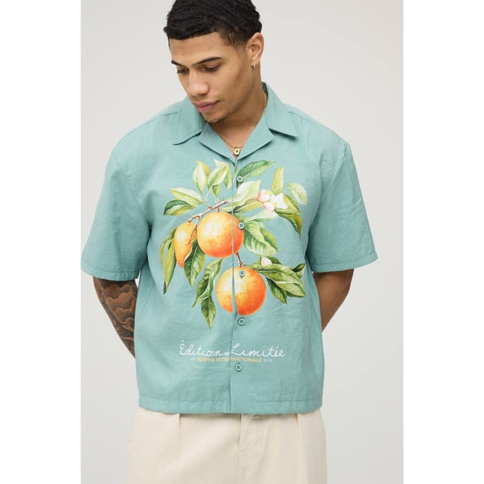Oversized Boxy Shirt Met Fruitprint En Reverskraag | Sage | Size Medium