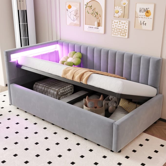 Zubaliya Polsterbett Schlafsofa - 90x200 cm Hellgrau - Samtstoff - LED Verlichting - Hydraulisch Stauraum
