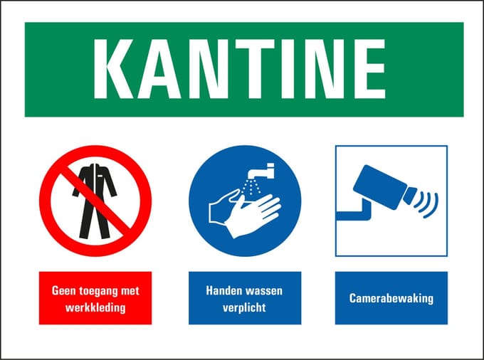Bij betreding van kantine bord sticker 200 x 150 mm