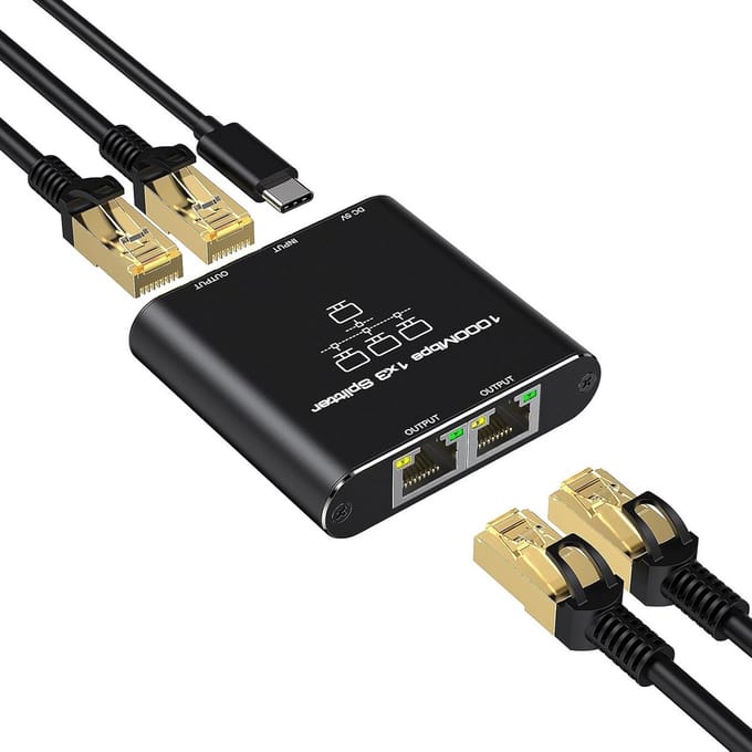 LAN-splitter 1 naar 3 - 1000 Mbps Gigabit Ethernet Splitter voor 2 Apparaten