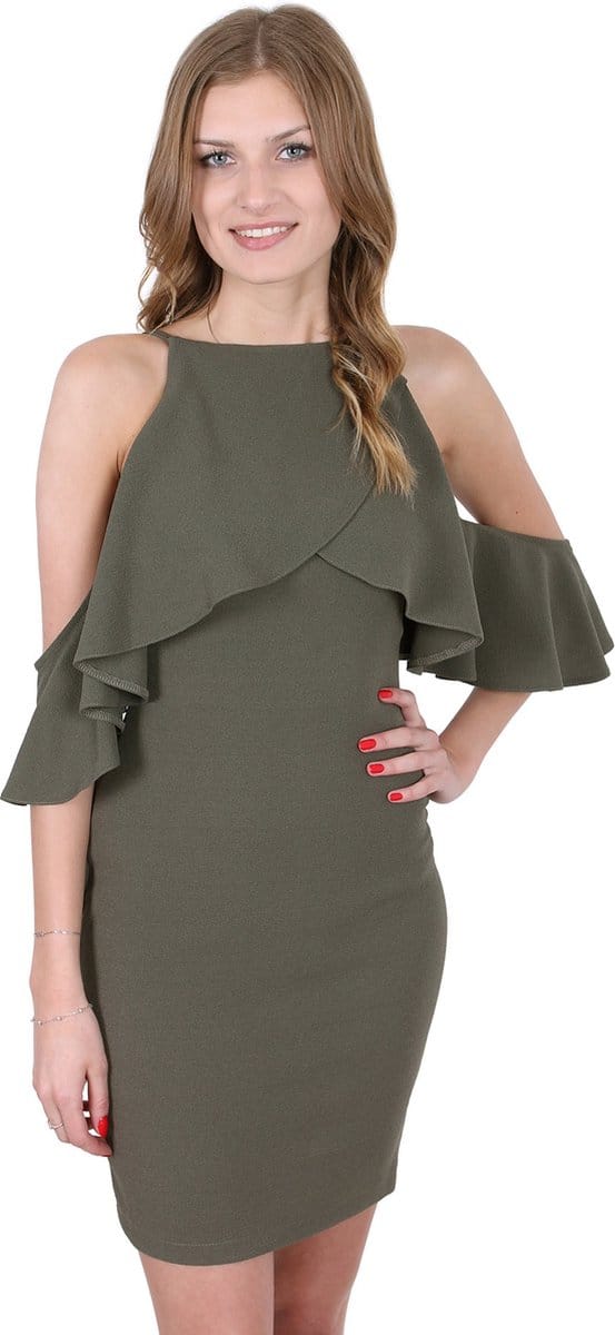 Khaki, potlood mini jurk met ruches