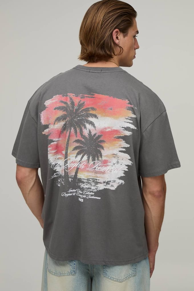 Antraciet Oversized T-shirt Met Zonsondergang Palmbomen Print | Charcoal | Size Medium