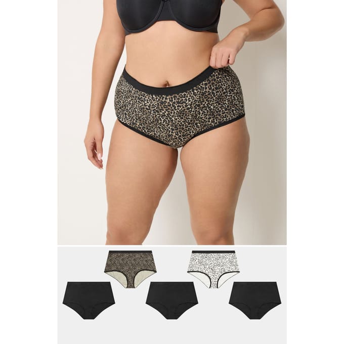 Yours 5Pack Naturelbruine Maxislips Met Dierenprint, Hartjesmotief En Hoge Taille Size 54-56