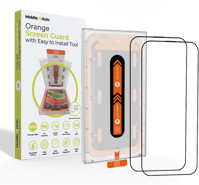 Mobile Origin Oranje Screen Guard Voor Iphone 15 Plus Met Handige Applicator, 2 Stuks