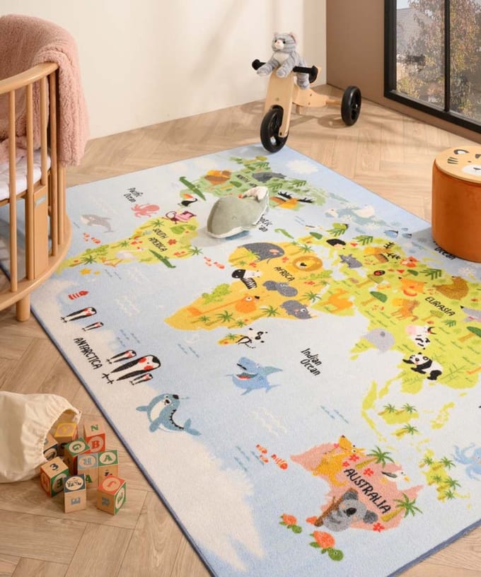Kindervloerkleed wereldkaart - Joy blauw 100x150