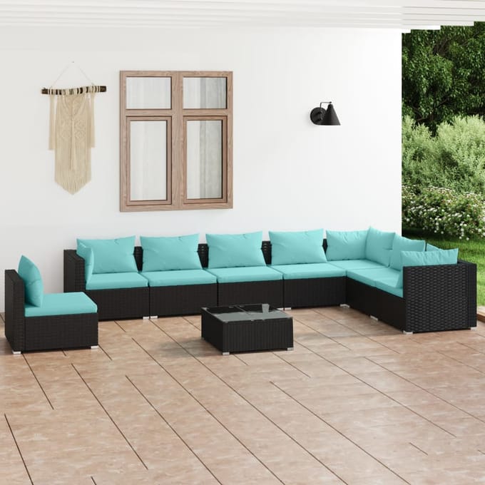 vidaXL - 9-delige - Loungeset - met - kussens - poly - rattan - zwart