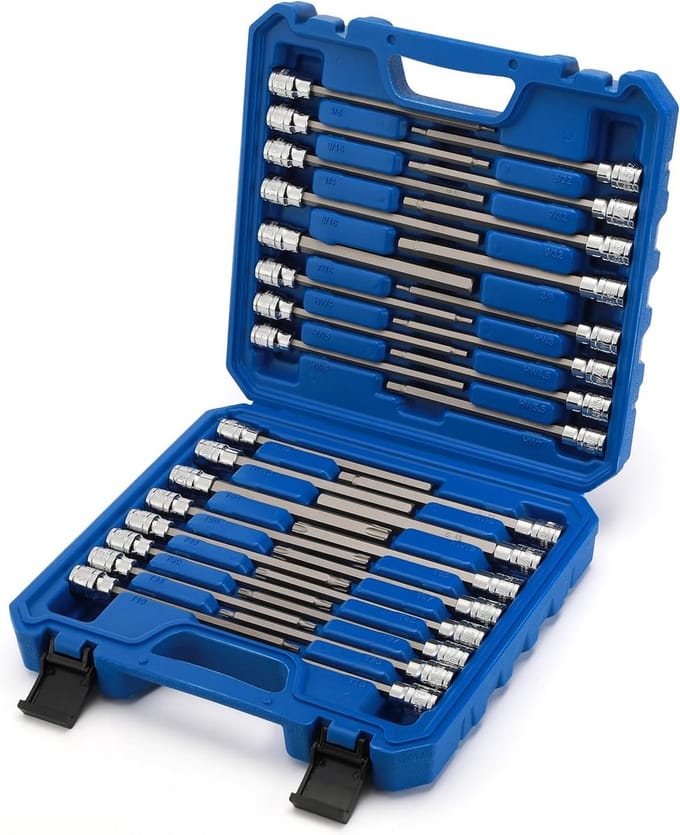 32-delige Extra Lange Zeskant & Torx Bit Dopsleutelset 3/8" - Inbus & Ster Bit Doppen voor Krappe Ruimtes