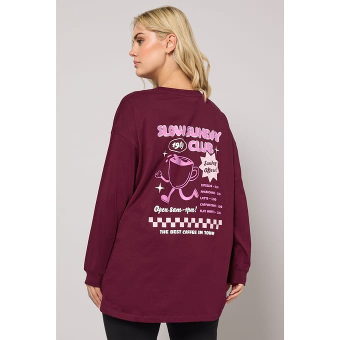 Yours Burgundy Red 'Slow Sunday Club' Slogan Tshirt Size 46